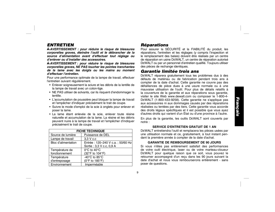 DeWalt DWS7085 instruction manual Entretien, Réparations, Garantie limitée trois ans 