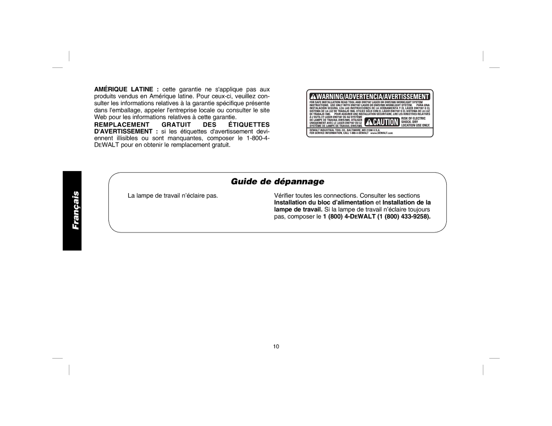 DeWalt DWS7085 instruction manual Guide de dépannage 