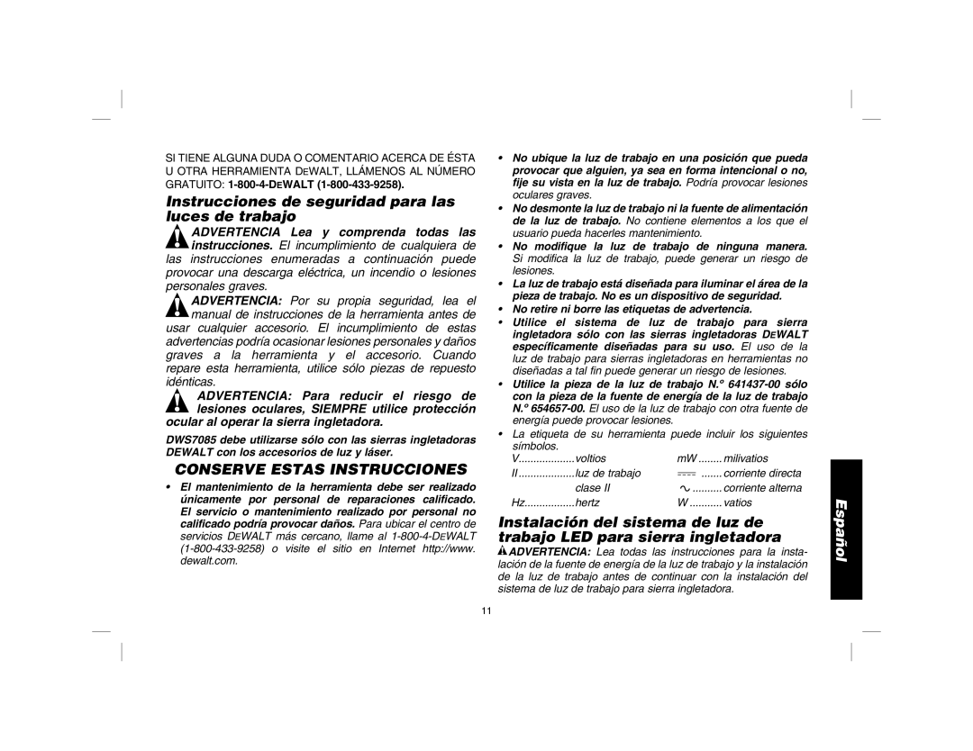 DeWalt DWS7085 instruction manual Instrucciones de seguridad para las luces de trabajo, Conserve Estas Instrucciones 