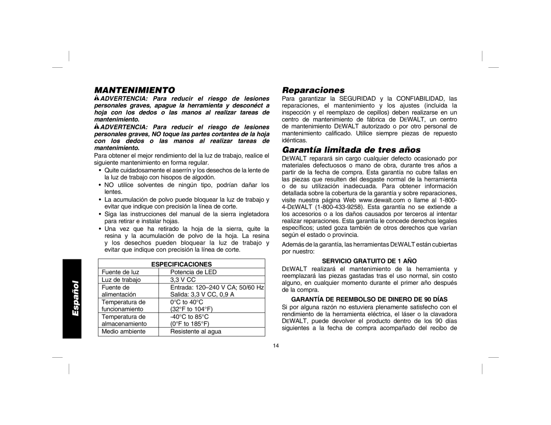 DeWalt DWS7085 instruction manual Mantenimiento, Reparaciones, Garantía limitada de tres años 