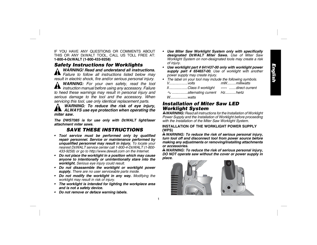 DeWalt DWS7085 instruction manual Safety Instructions for Worklights, Installation of Miter Saw LED Worklight System 