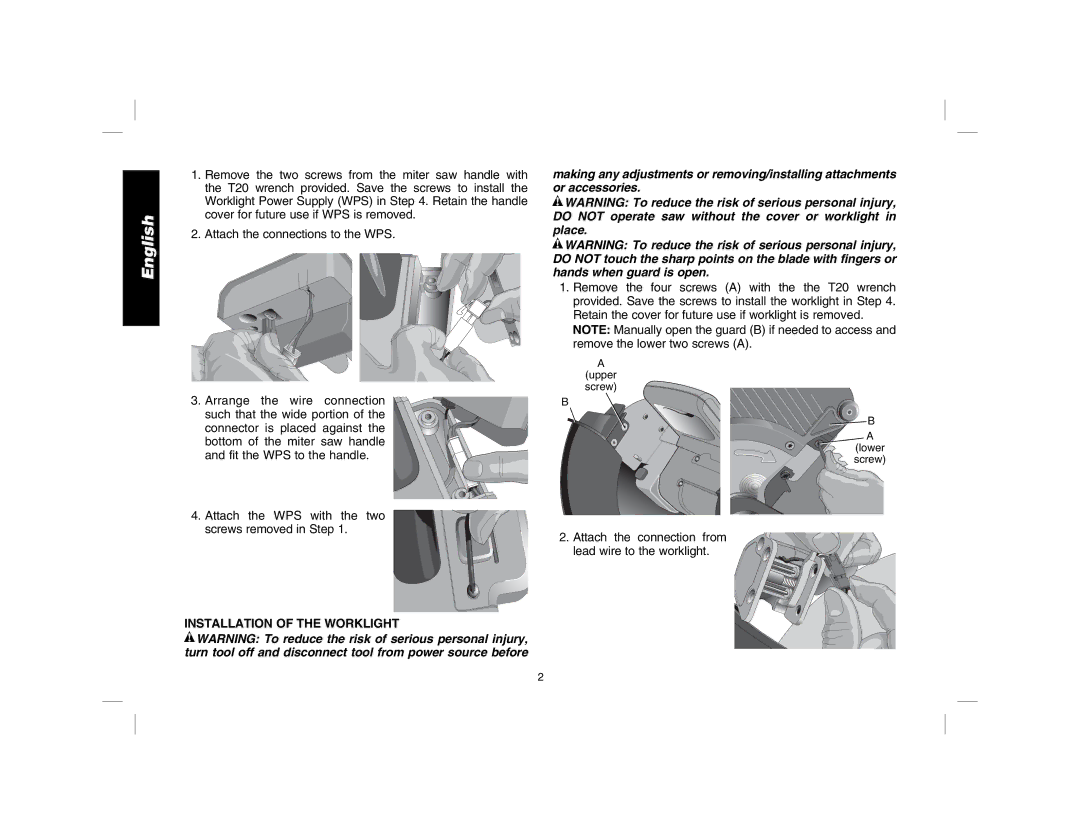 DeWalt DWS7085 instruction manual Installation of the Worklight 