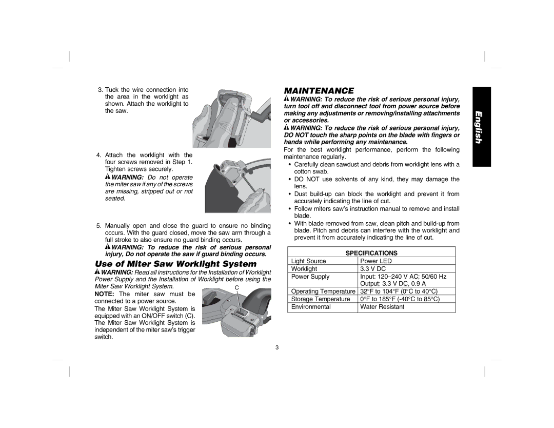 DeWalt DWS7085 instruction manual Use of Miter Saw Worklight System, Maintenance, Specifications 