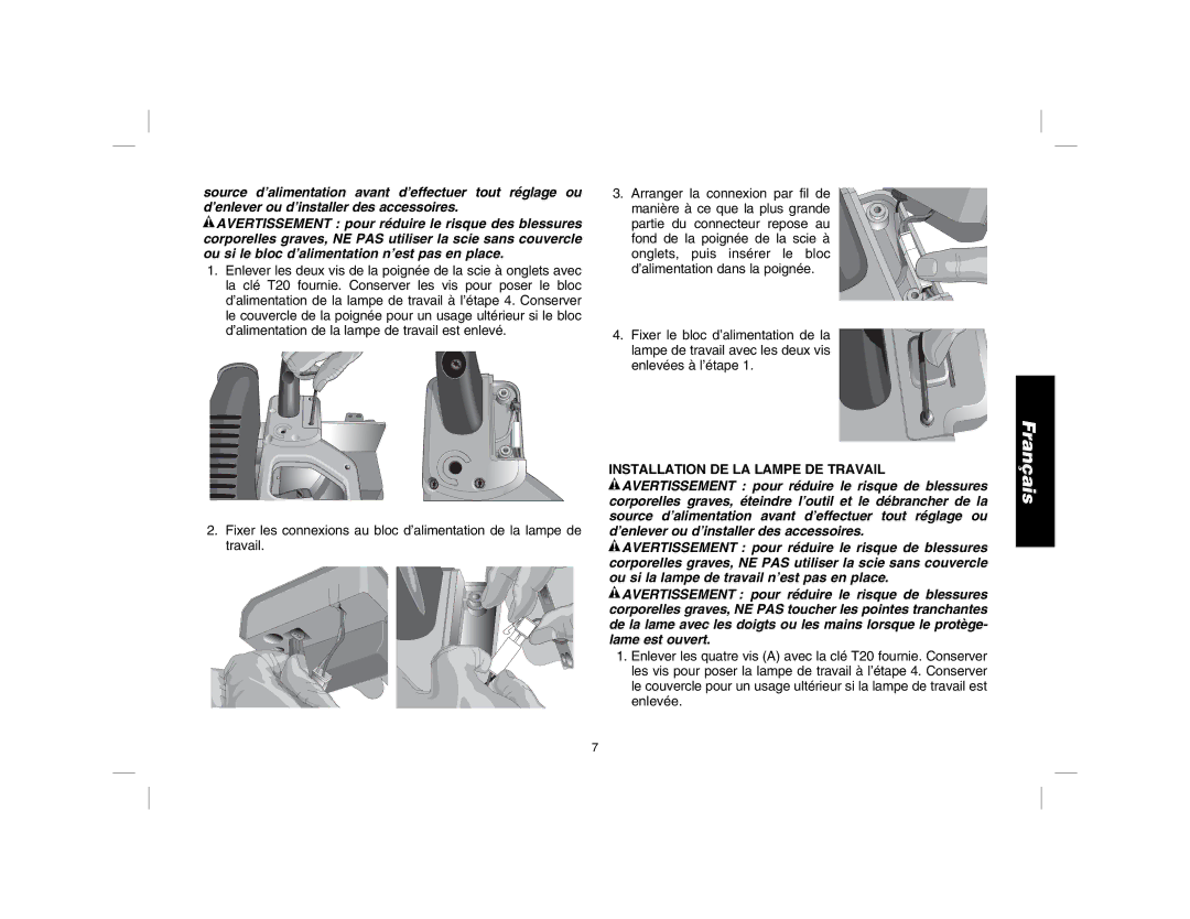 DeWalt DWS7085 instruction manual Installation DE LA Lampe DE Travail 