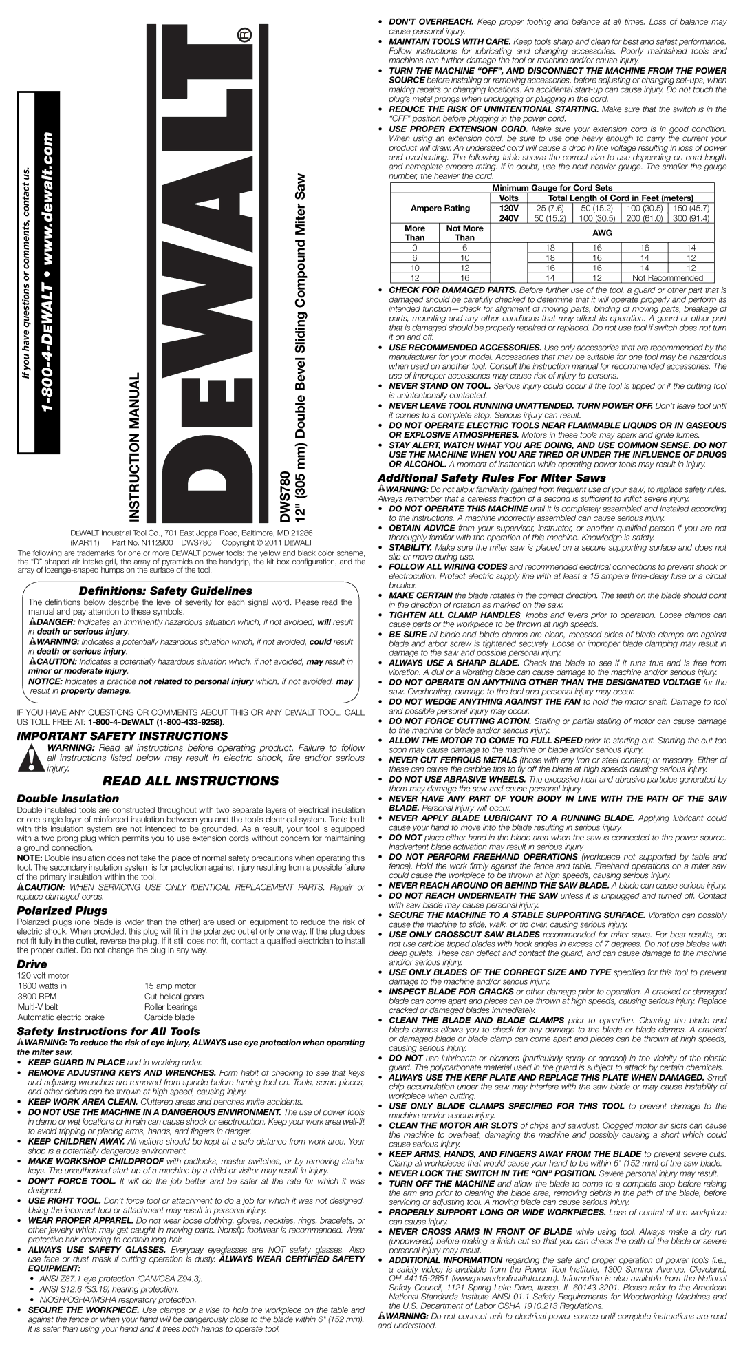 DeWalt DWS780 instruction manual Important Safety Instructions 