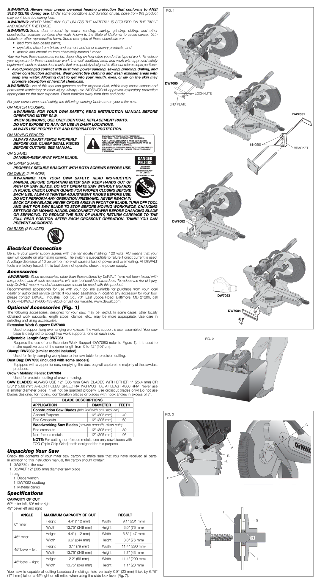 DeWalt DWS780 Electrical Connection, Accessories Optional Accessories Fig, Unpacking Your Saw, Specifications 