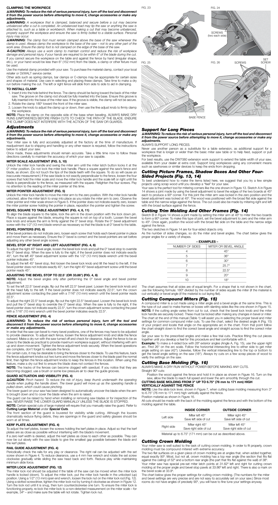 DeWalt DWS780 Adjustments, Support for Long Pieces, Cutting Trim Molding And Other Frames Fig, Cutting Compound Miters Fig 