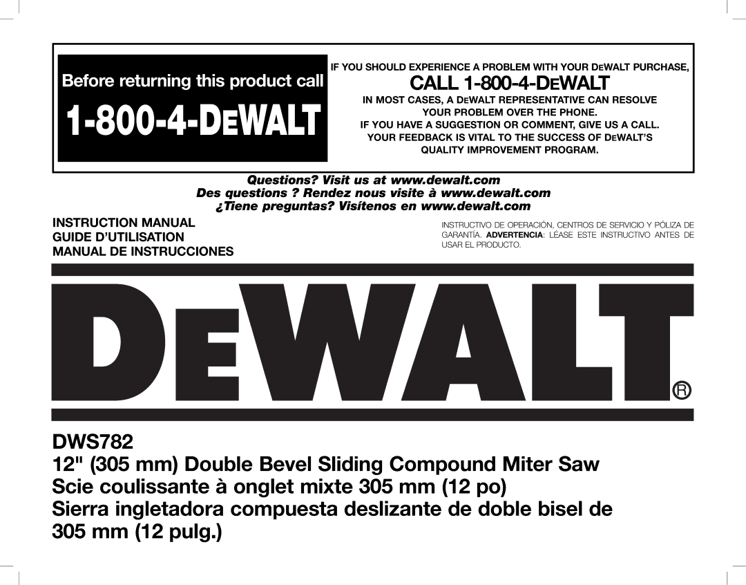 DeWalt DWS782 instruction manual Dewalt 