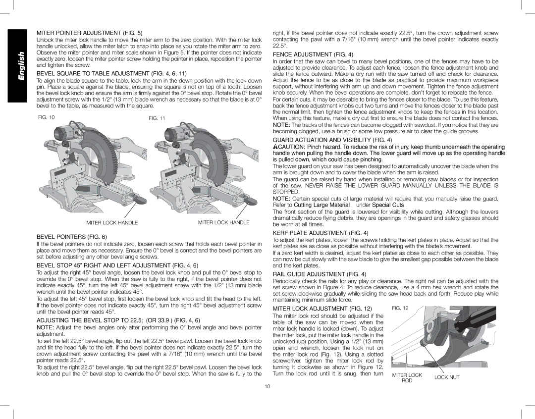 DeWalt DWS782 Miter Pointer Adjustment FIG, Bevel Square to Table Adjustment , 6, Bevel Pointers FIG, Fence Adjustment FIG 