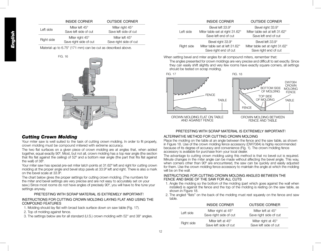 DeWalt DWS782 instruction manual Inside Corner Outside Corner, Alternative Method for Cutting Crown Molding 