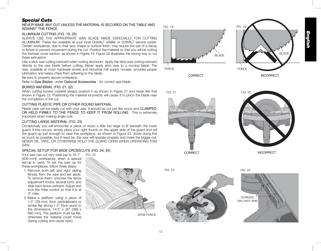 DeWalt DWS782 instruction manual Special Cuts 