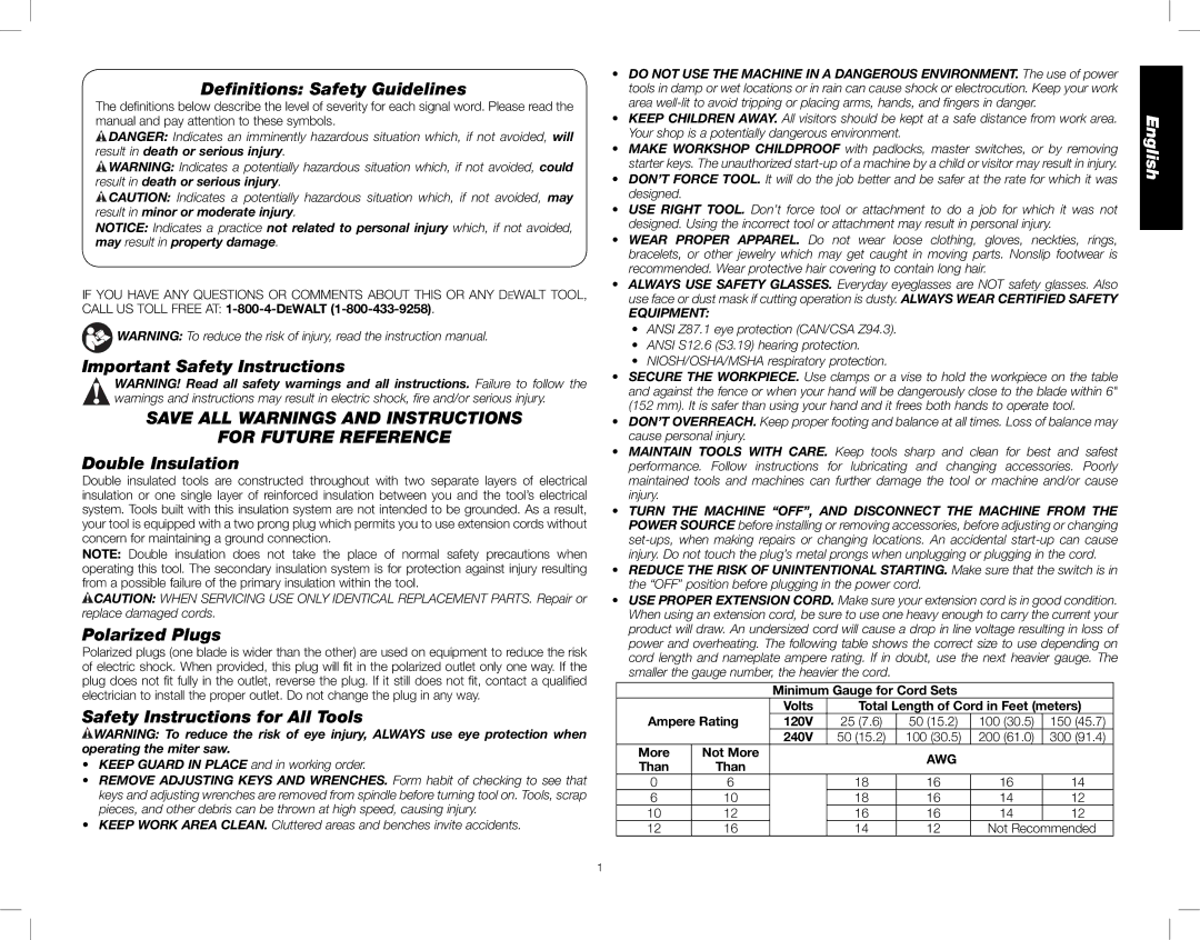 DeWalt DWS782 instruction manual Save ALL Warnings and Instructions For Future Reference 