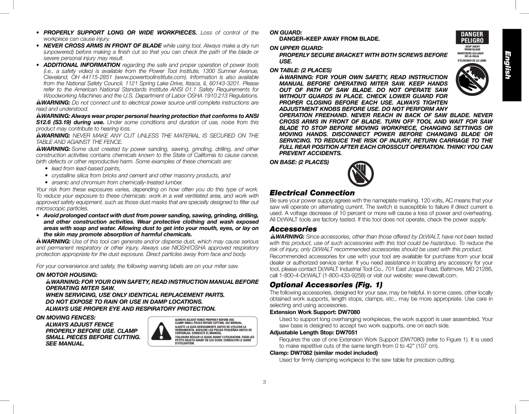 DeWalt DWS782 instruction manual Electrical Connection, Accessories Optional Accessories Fig, Extension Work Support DW7080 