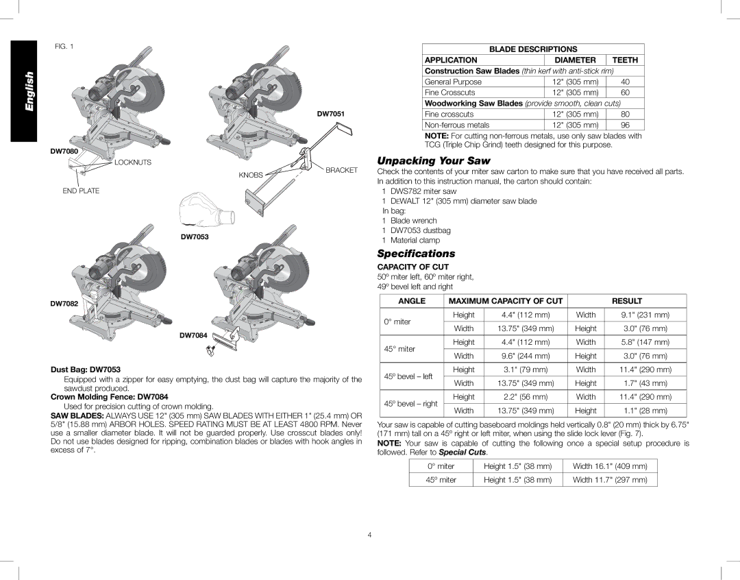 DeWalt DWS782 instruction manual Unpacking Your Saw, Specifications, Blade Descriptions, Capacity of CUT 