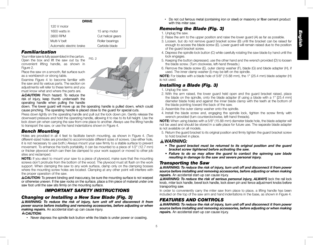 DeWalt DWS782 instruction manual Important Safety Instructions, Features and Controls 