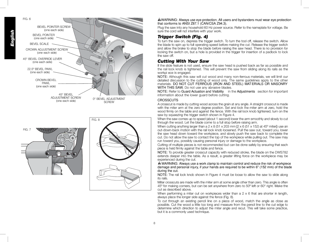 DeWalt DWS782 instruction manual Trigger Switch Fig, Cutting With Your Saw, Crosscuts 