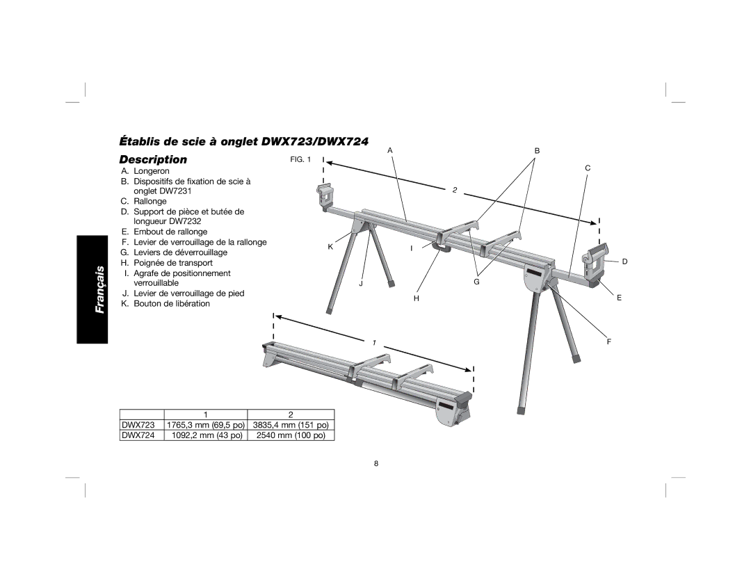 DeWalt DW7231 instruction manual Français, Établis de scie à onglet DWX723/DWX724 Description 