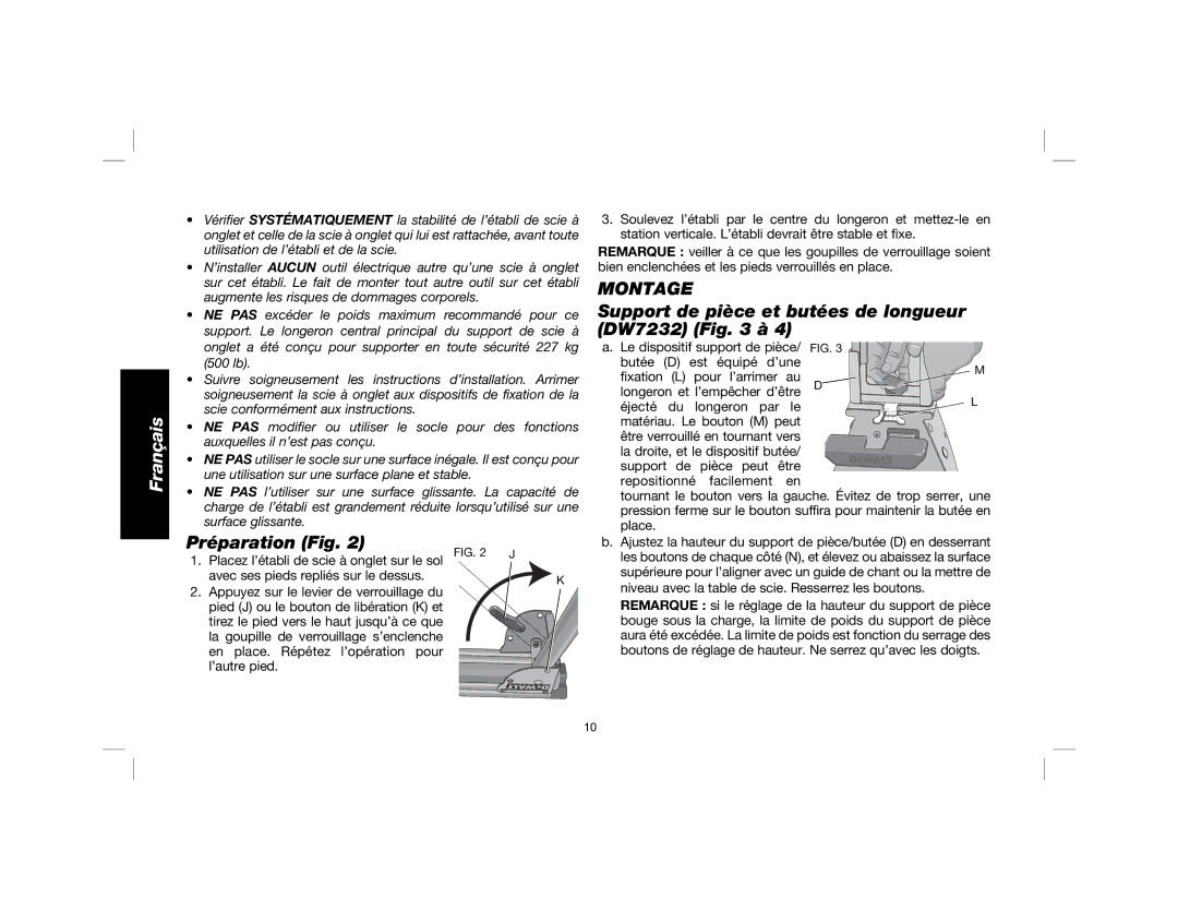 DeWalt DWX723, DW7231, DWX724 instruction manual Support de pièce et butées de longueur DW7232 à, Préparation Fig 