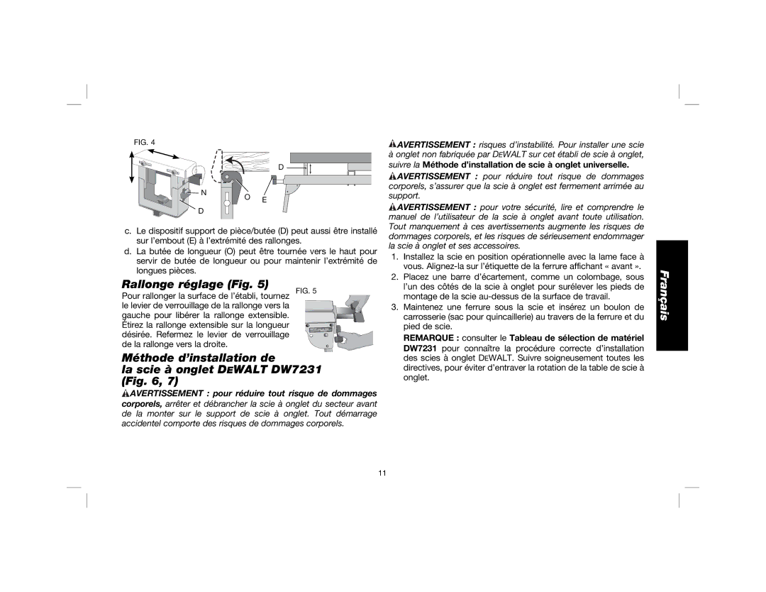 DeWalt DWX723, DWX724 instruction manual Rallonge réglage Fig, Méthode d’installation de La scie à onglet Dewalt DW7231 