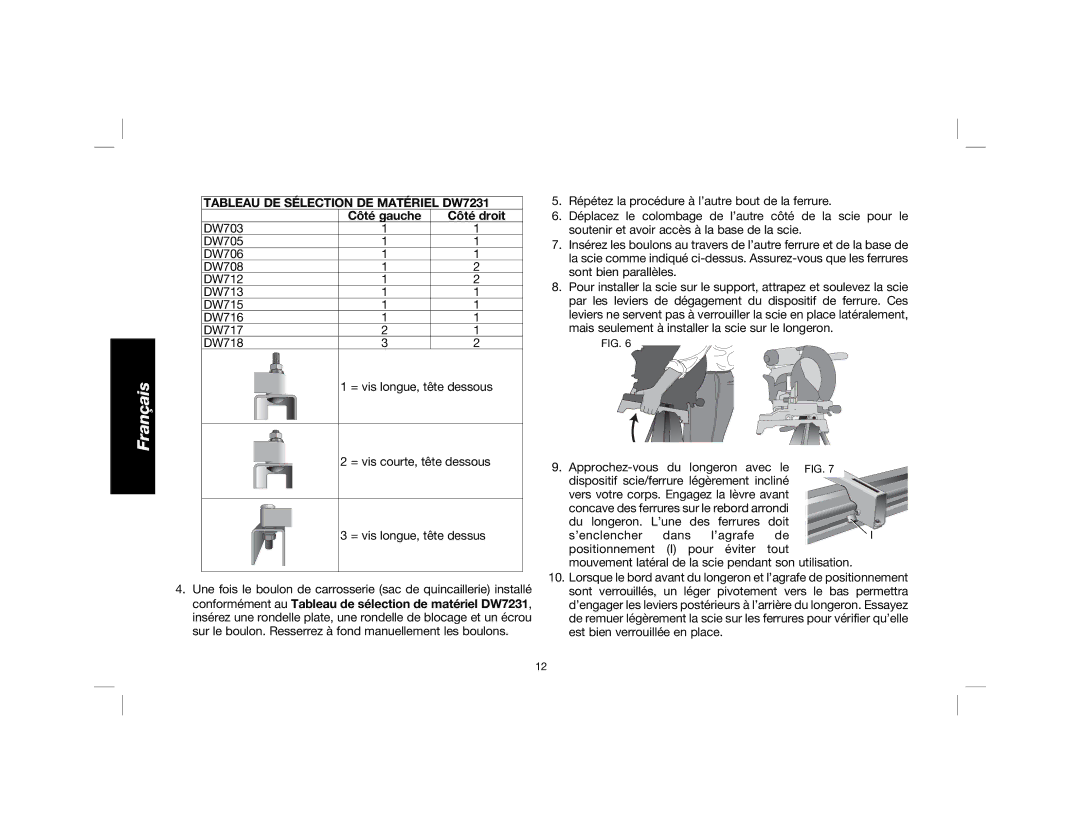 DeWalt DWX724, DWX723 instruction manual Tableau DE Sélection DE Matériel DW7231, Côté gauche Côté droit 