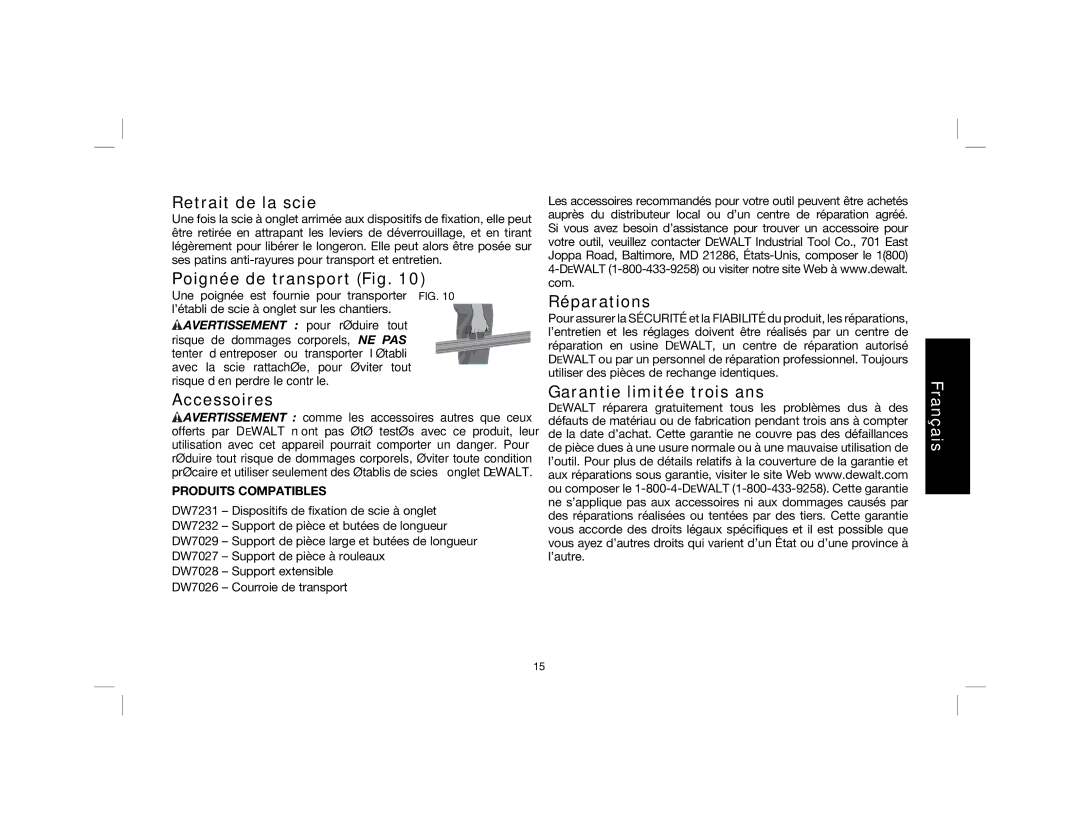 DeWalt DWX724, DWX723 Retrait de la scie, Poignée de transport Fig, Accessoires, Réparations, Garantie limitée trois ans 