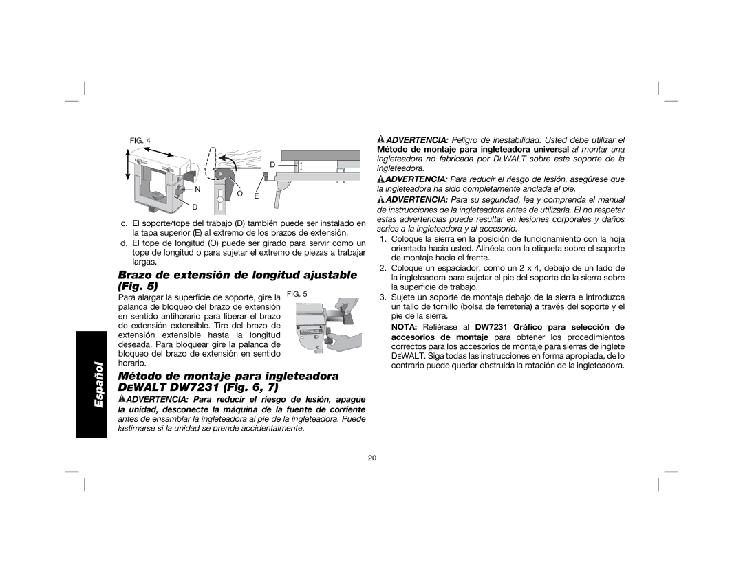 DeWalt DWX723, DWX724 Brazo de extensión de longitud ajustable Fig, Método de montaje para ingleteadora Dewalt DW7231 