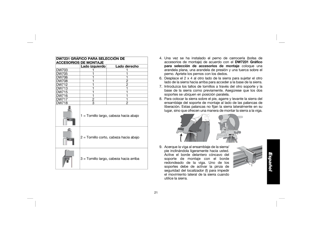 DeWalt DWX724, DWX723 instruction manual DW7231 Gráfico Para Selección DE Accesorios DE Montaje, Lado izquierdo Lado derecho 