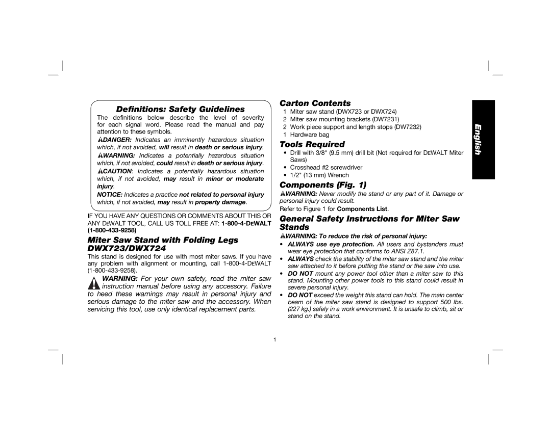 DeWalt Definitions Safety Guidelines, Miter Saw Stand with Folding Legs DWX723/DWX724, Carton Contents, Tools Required 