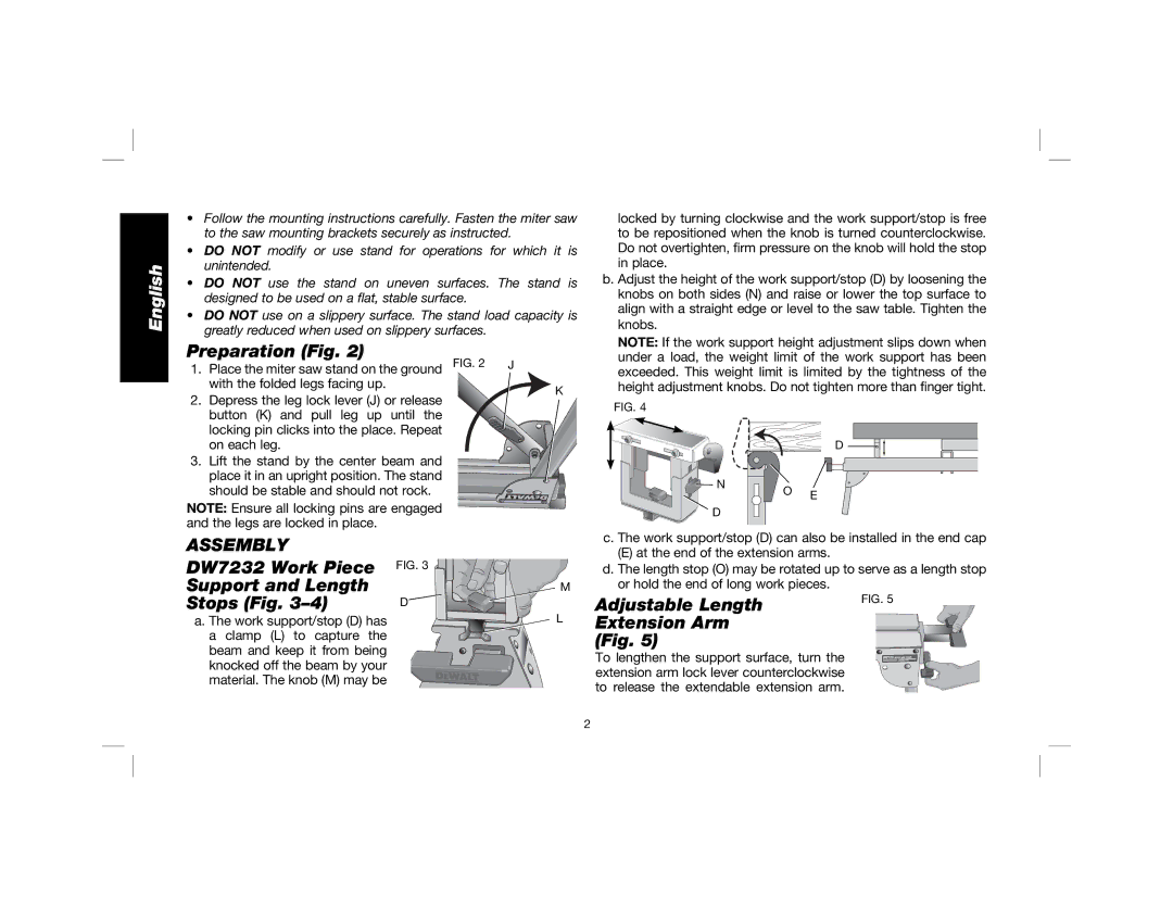 DeWalt DW7231 Preparation Fig, DW7232 Work Piece Support and Length, Stops Fig, Adjustable Length Extension Arm Fig 