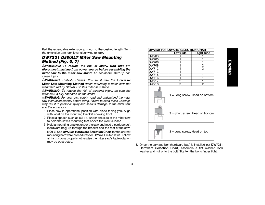 DeWalt DWX724, DWX723 instruction manual DW7231 Dewalt Miter Saw Mounting Method, DW7231 Hardware Selection Chart 