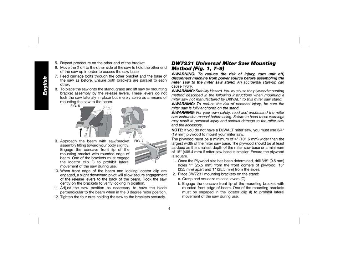 DeWalt DWX723, DWX724 instruction manual DW7231 Universal Miter Saw Mounting Method 