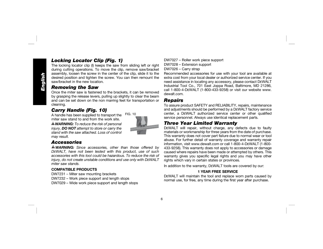 DeWalt DWX724, DWX723, DW7231 Locking Locator Clip Fig, Removing the Saw, Carry Handle Fig, Accessories, Repairs 