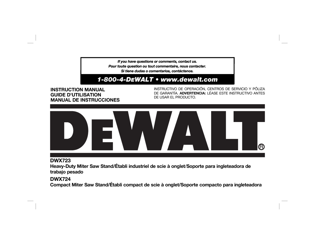 DeWalt DW7231 instruction manual Heavy-DutyMiter Saw Stand trabajo pesado, DWX723, DWX724 