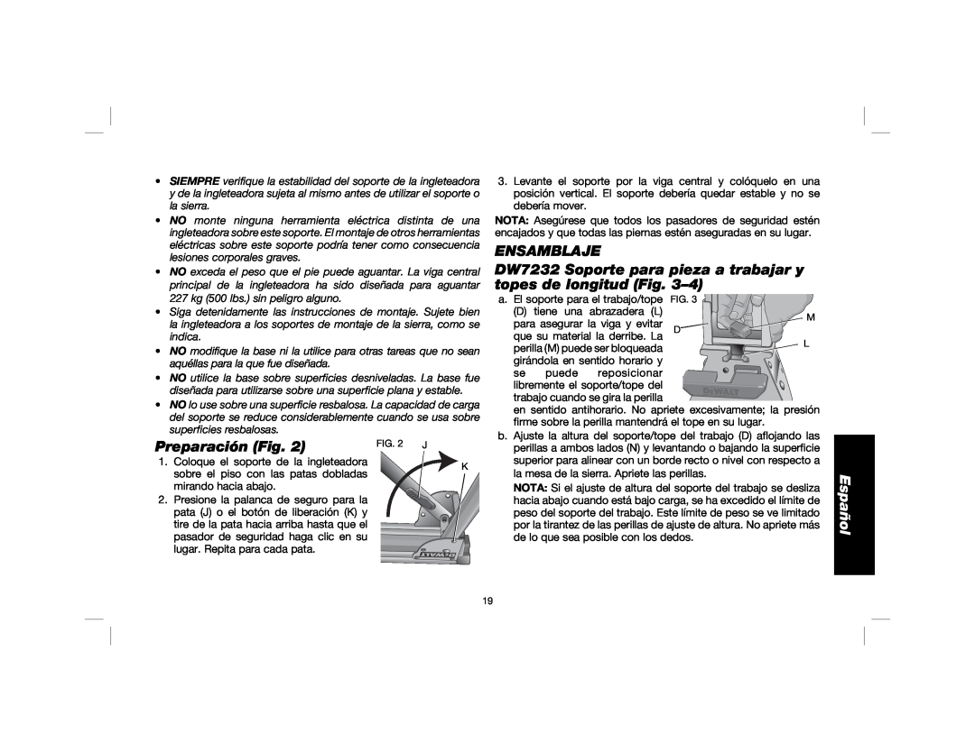 DeWalt DWX723, DW7231, DWX724 instruction manual Ensamblaje, Preparación Fig, Español 