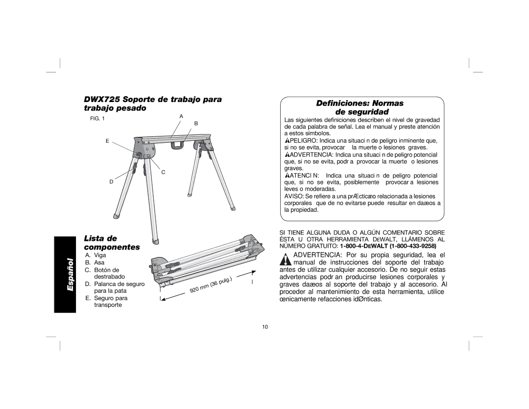 DeWalt DWX725B instruction manual Español, Definiciones Normas de seguridad 