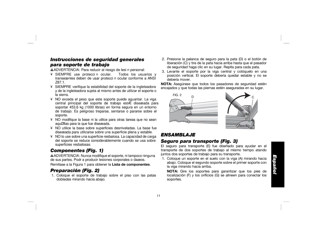 DeWalt DWX725B instruction manual Componentes Fig, Preparación Fig, Seguro para transporte Fig 