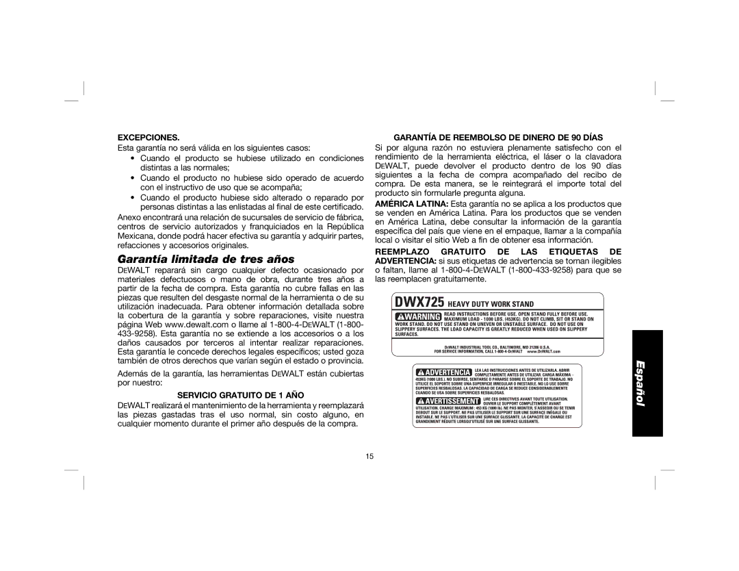 DeWalt DWX725B instruction manual Garantía limitada de tres años, Excepciones, Servicio Gratuito DE 1 AÑO 