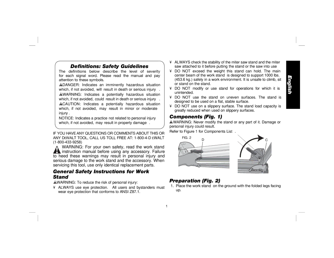 DeWalt DWX725 Definitions Safety Guidelines, General Safety Instructions for Work Stand, Components Fig, Preparation Fig 