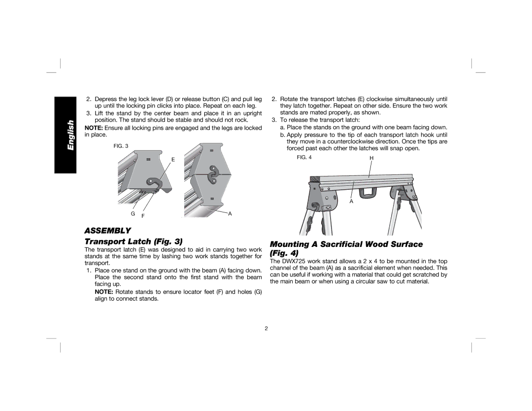 DeWalt DWX725B instruction manual Transport Latch Fig, Mounting a Sacrificial Wood Surface Fig 