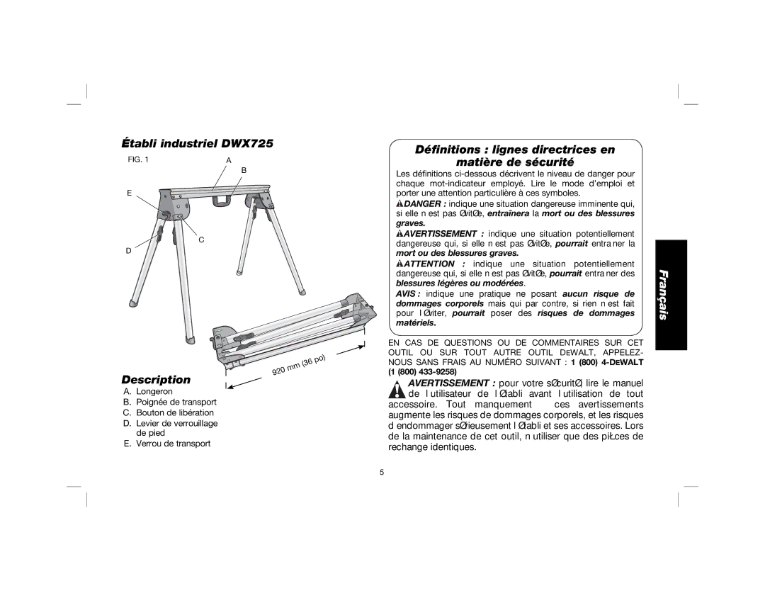 DeWalt DWX725B Établi industriel DWX725 Description, Définitions lignes directrices en Matière de sécurité 