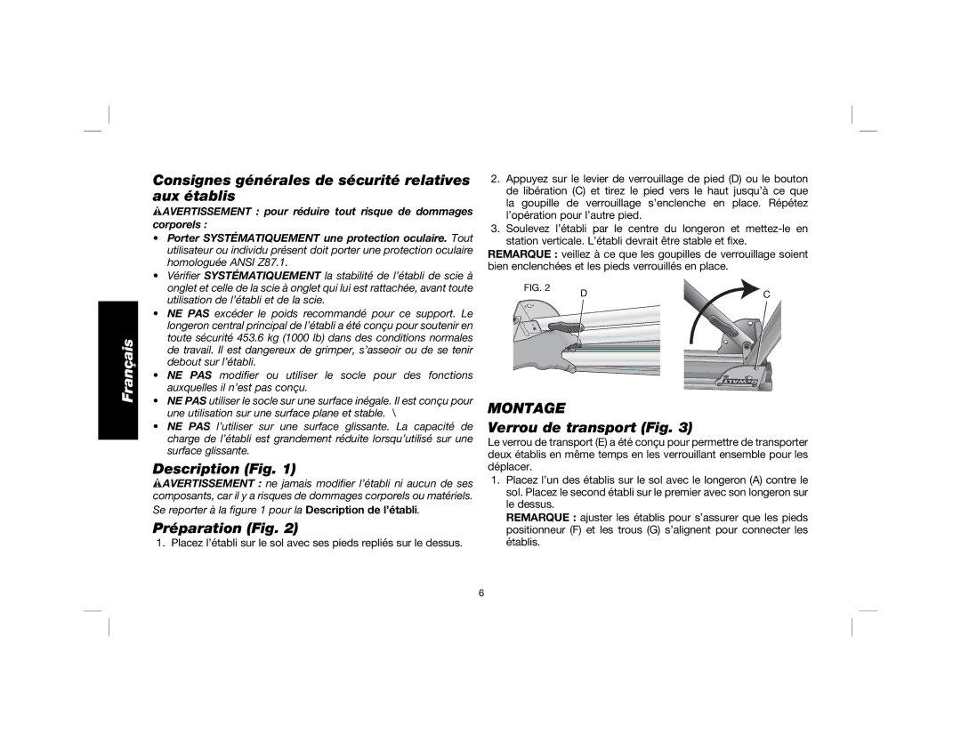 DeWalt DWX725B instruction manual Consignes générales de sécurité relatives aux établis, Description Fig, Préparation Fig 