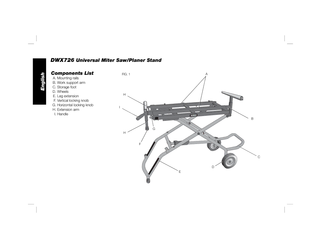 DeWalt instruction manual DWX726 Universal Miter Saw/Planer Stand, Components List 