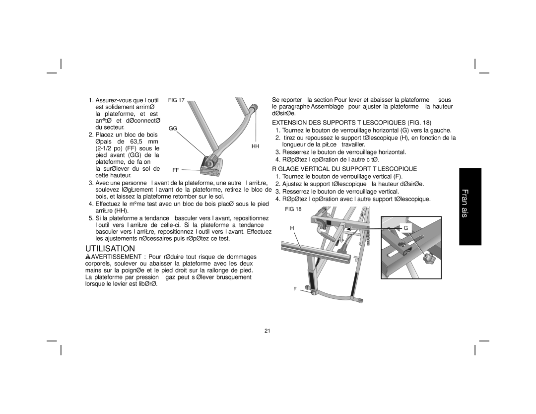 DeWalt DWX726 Utilisation, Extension DES Supports Télescopiques FIG, Réglage Vertical DU Support Télescopique 