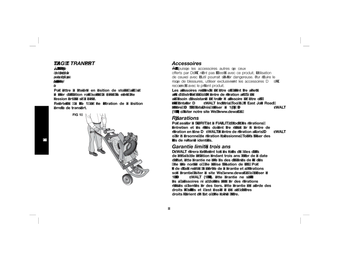 DeWalt DWX726 instruction manual Stockage ET Transport, Accessoires, Réparations, Garantie limitée trois ans 