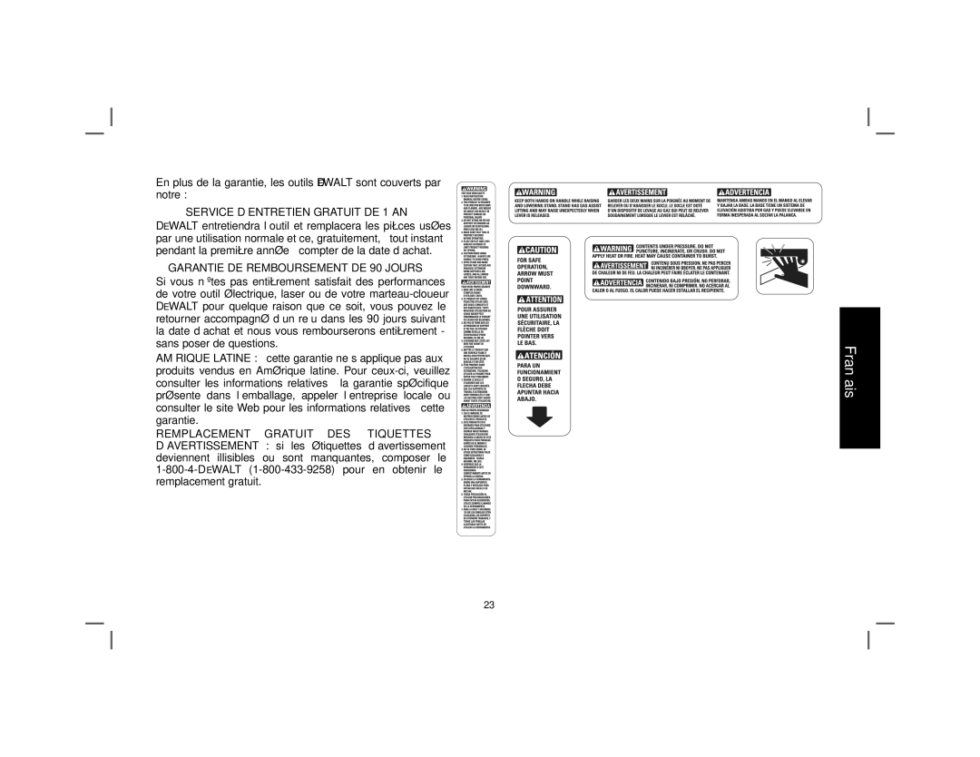 DeWalt DWX726 instruction manual Service D’ENTRETIEN Gratuit DE 1 AN, Garantie DE Remboursement DE 90 Jours 