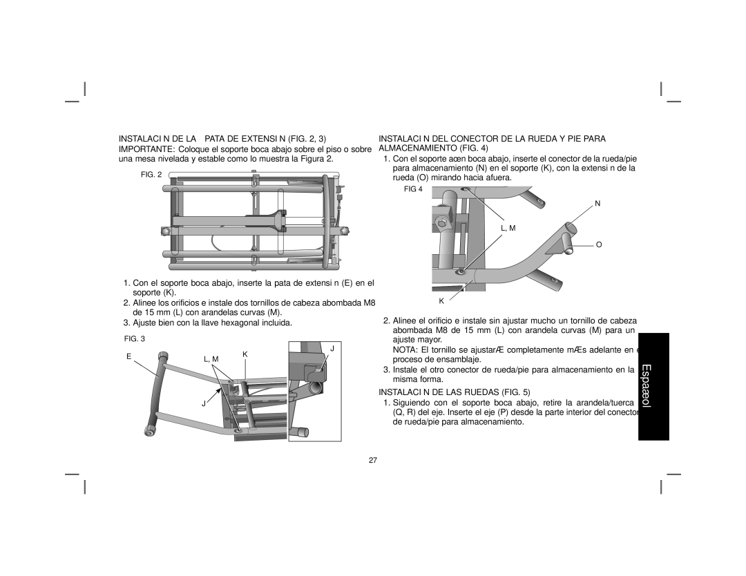 DeWalt DWX726 instruction manual Instalación DE LA Pata DE Extensión, Instalación DE LAS Ruedas FIG 