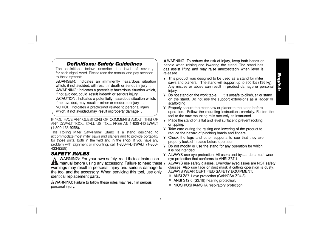 DeWalt DWX726 instruction manual Deﬁnitions Safety Guidelines, Safety Rules 