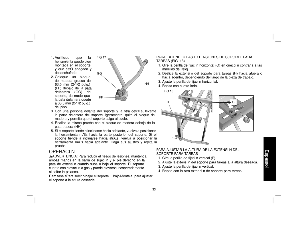 DeWalt DWX726 instruction manual Operación, Para Extender LAS Extensiones DE Soporte Para Tareas FIG 