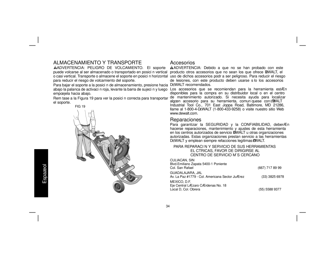 DeWalt DWX726 instruction manual Almacenamiento Y Transporte, Accesorios, Reparaciones 