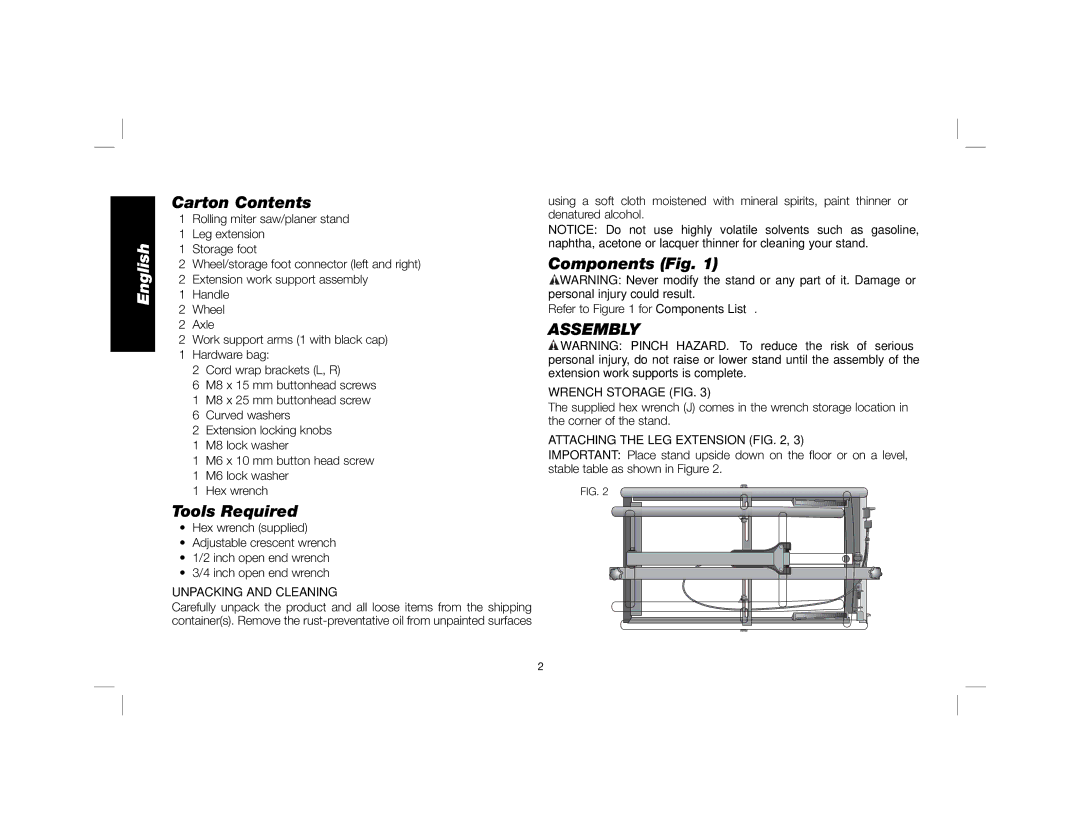 DeWalt DWX726 instruction manual Carton Contents, Tools Required, Components Fig, Assembly 